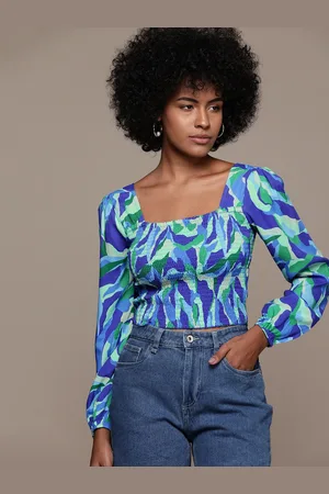 Roadster Print Bishop Sleeves Blouson Crop Top
