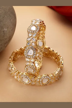 karatcart Set of 2 Gold-Plated American Diamond Studded Floral Design Detailed Bangles
