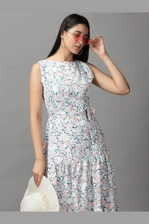 SHOWOFF Women Blue & Peach-Coloured Floral Cotton Midi Dress
