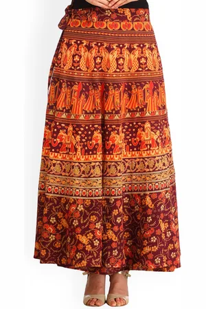 Exotic India Wrap around Long Skirt with Printed Wedding Scenes