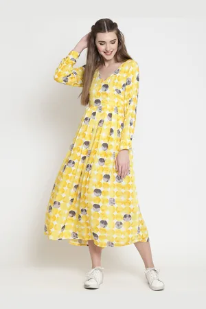 Sera Women Yellow & White Printed Wrap Fit and Flare Dress