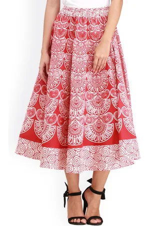 Exotic India Block Printed Pilkhuwa Motifs Pure Cotton Midi Skirt