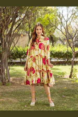 Ambraee Floral Printed Cuffed Sleeves Cotton Tiered Fit & Flare Dress