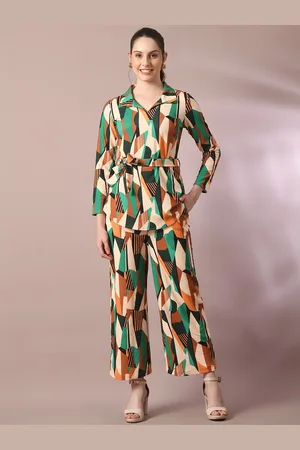 DressBerry Green Geometric Printed Shirt-Collar Tie Up Top With Trouser