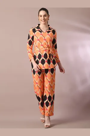 DressBerry Orange Geometric Printed Shirt-Collar Tie Up Top With Trouser