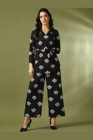 DressBerry Black Printed Polo Collar Top With Trousers