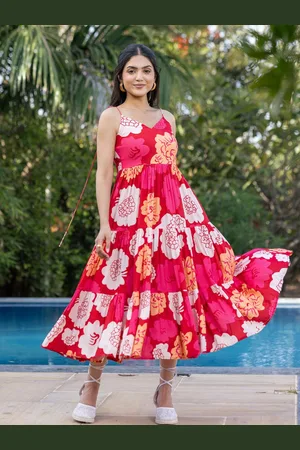 Ambraee Floral Printed Sleeveless Cotton Tiered Fit & Flare Maxi Dress
