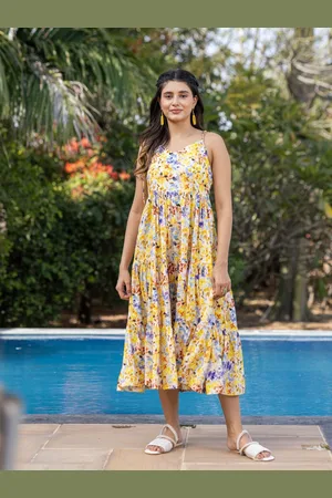 Ambraee Floral Printed Sleeveless Cotton Tiered Fit & Flare Dress