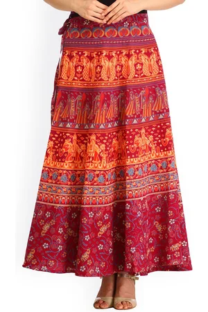 Exotic India Wrap-Around Mauve Wine Long Skirt with Printed Wedding Scenes