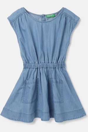 Benetton Girls Round Neck Fit & Flare Denim Dress