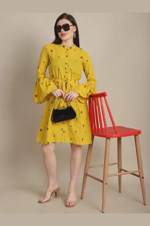 Tulsattva Geometric Printed Bell Sleeves Tie-Ups Cotton A-Line Dress With Belt