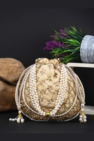 Anouk Beige Embroidered Embellished Potli Clutch