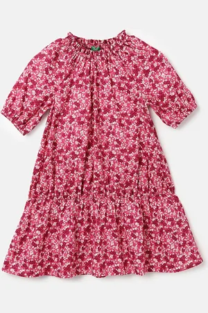 Benetton Girls Floral Printed Puffed Sleeves Fit and Flare Dress