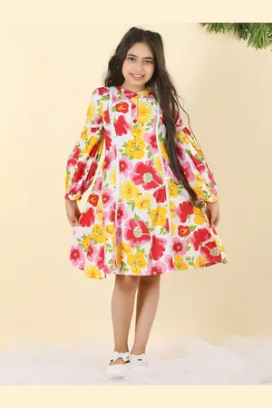 Cutiekins Girls Floral Printed Mandarin Collar Cotton A-Line Dress