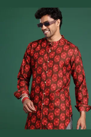 Sangria Floral Printed Band Collar Longline Shirt