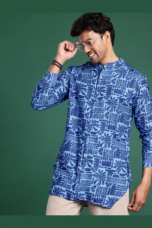 Sangria Geometric Printed Band Collar Longline Shirt