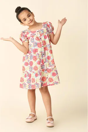 Fabindia Girls Floral Print Puff Sleeve A-Line Dress