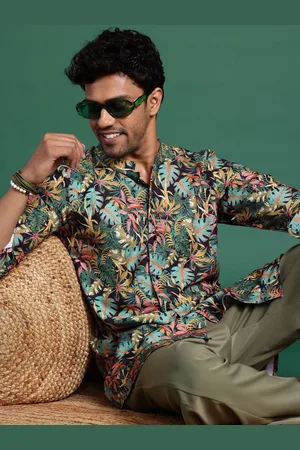 Sangria Tropical Printed Mandarin Collar Longline Shirt
