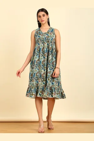 Soch Blue Floral Printed Empire Cotton Ethnic Dress