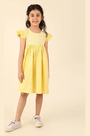 Fabindia Girls Floral Chikankari Embroidered Gathered Cotton A-Line Dress