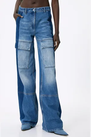 Koton Women Wide Leg High-Rise Clean Look Light Fade Cotton Cargo Style Jeans