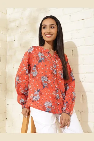 Fabindia Floral Printed Mandarin Collar Cuffed Sleeves Cotton Shirt Style Top