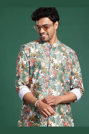 Sangria Tropical Printed Mandarin Collar Longline Shirt