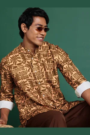 Sangria Geometric Printed Band Collar Longline Shirt