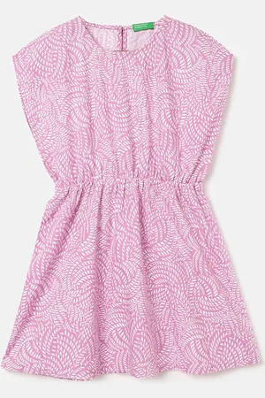 Benetton Girls Printed Cotton Kimono Sleeve Fit & Flare Dress