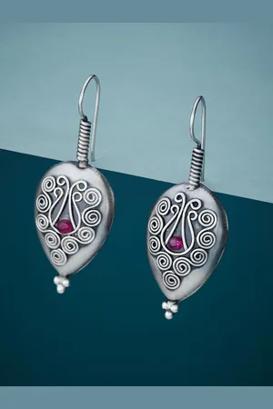 Fabindia Silver Artificial Stones-Studded Contemporary Drop Earrings