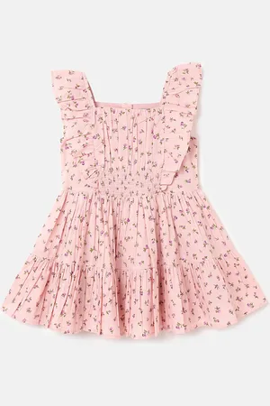 Benetton Girls Floral Printed Cotton Flutter Sleeve Fit & Flare Dress