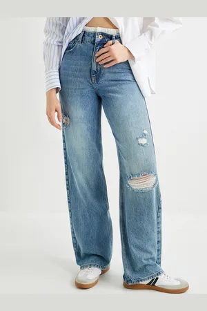 Koton Women Wide Leg Mid-Rise Mildly Distressed Heavy Fade Cotton Jeans