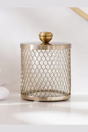 Home Centre Gold-Toned Panama Cage Glass Cotton Jar