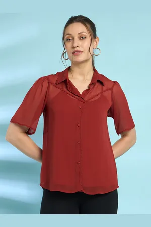 Antheaa Chiffon Lace Insert Shirt Style Top