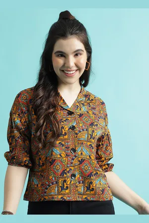 DressBerry Yellow Ethnic Motifs Printed Shirt Collar Puff Sleeve Shirt Style Top