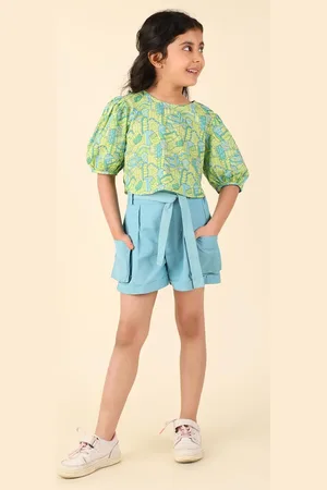 Fabindia Girls Round Neck Puff Sleeves Printed Pure Cotton Top with Shorts