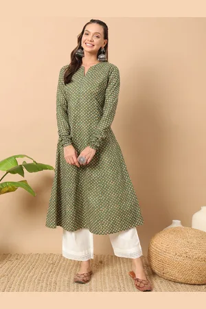 FIORRA Floral Printed Notch Collar Thread Work Cotton A-Line Kurta