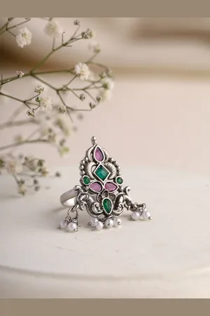 Priyaasi Silver Plated Stones Studded & Beaded Ring