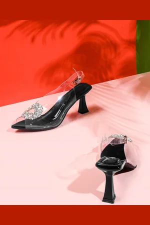 TRY ME Embellished Peep Toe Backstrap Block Heel Mules