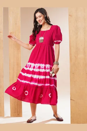 Globus Women Square Neck Puff Sleeves Tie & Dye Lace Detail Fit & Flare Midi Dress