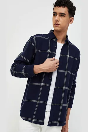Lifestyle Men Windowpane Checked Spread Collar Long Sleeves Cotton Casual Shirt