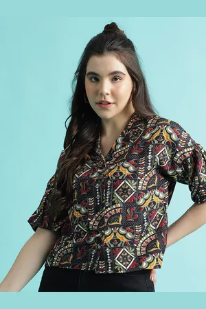 DressBerry Black Ethnic Motifs Printed Shirt Collar Puff Sleeve Shirt Style Top