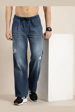 HERE&NOW Men Pure Cotton Baggy Fit Low Distress Light Fade Jeans