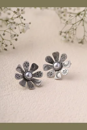 Priyaasi Silver-Plated Pearl Beaded Oxidised Contemporary Studs Earrings