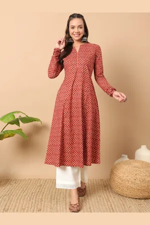 FIORRA Floral Printed Notch Collar Thread Work Cotton A-Line Kurta