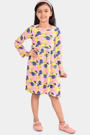 BONKIDS Girls Abstract Printed Flared Round Neck Cotton Fit & Flare Dress