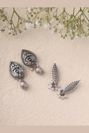Priyaasi Set Of 2 Silver-Plated Oxidised Artificial Beads Studded Drop Earrings