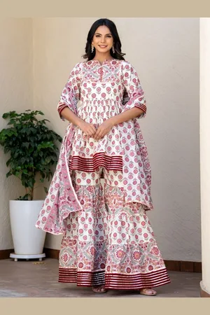 HOUSE OF JAMOTI Floral Printed Empire Gotta Patti Pure Cotton Kurti With Sharara & Dupatta