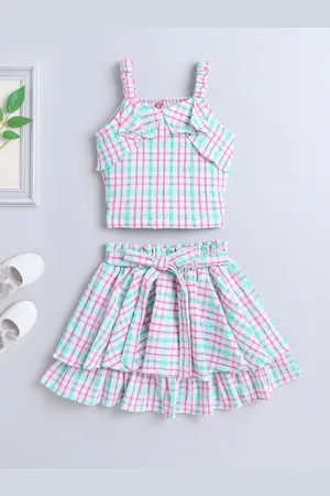 The Magic Wand Girls Checked Shoulder Straps Top with Skirt