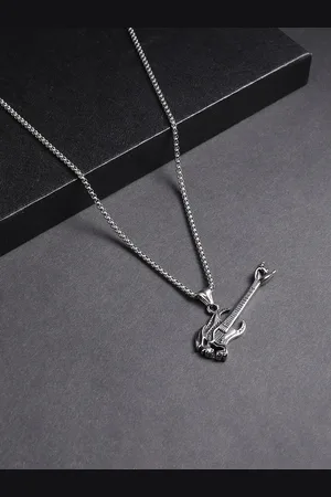 French Accent Silver-Plated Guitar-Shaped Pendant With Chain